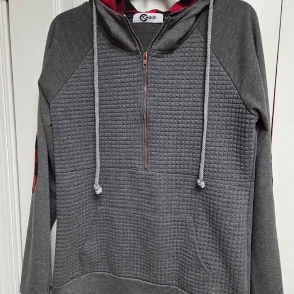 Rogue Womens Large gray hoodie with red buffalo check accents and thumbholes